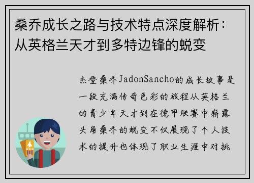 桑乔成长之路与技术特点深度解析：从英格兰天才到多特边锋的蜕变